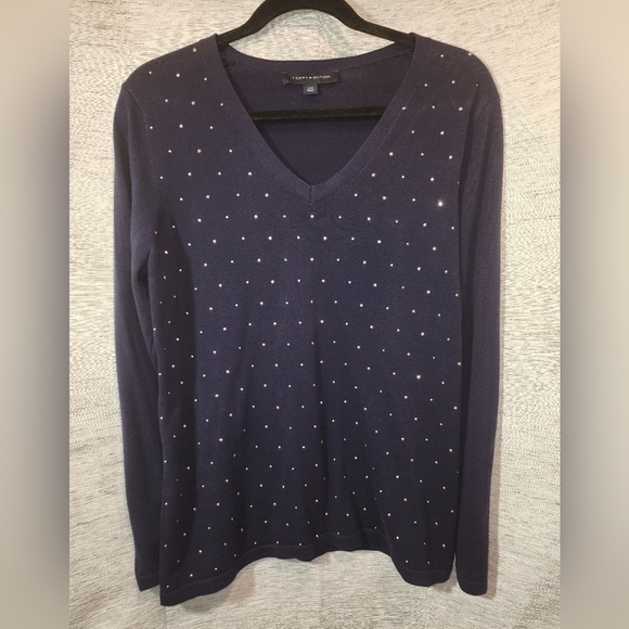 Tommy Hilfiger Large Women's Navy Blue Sweater Top with Sequins V-Neck Long - Picture 5 of 7